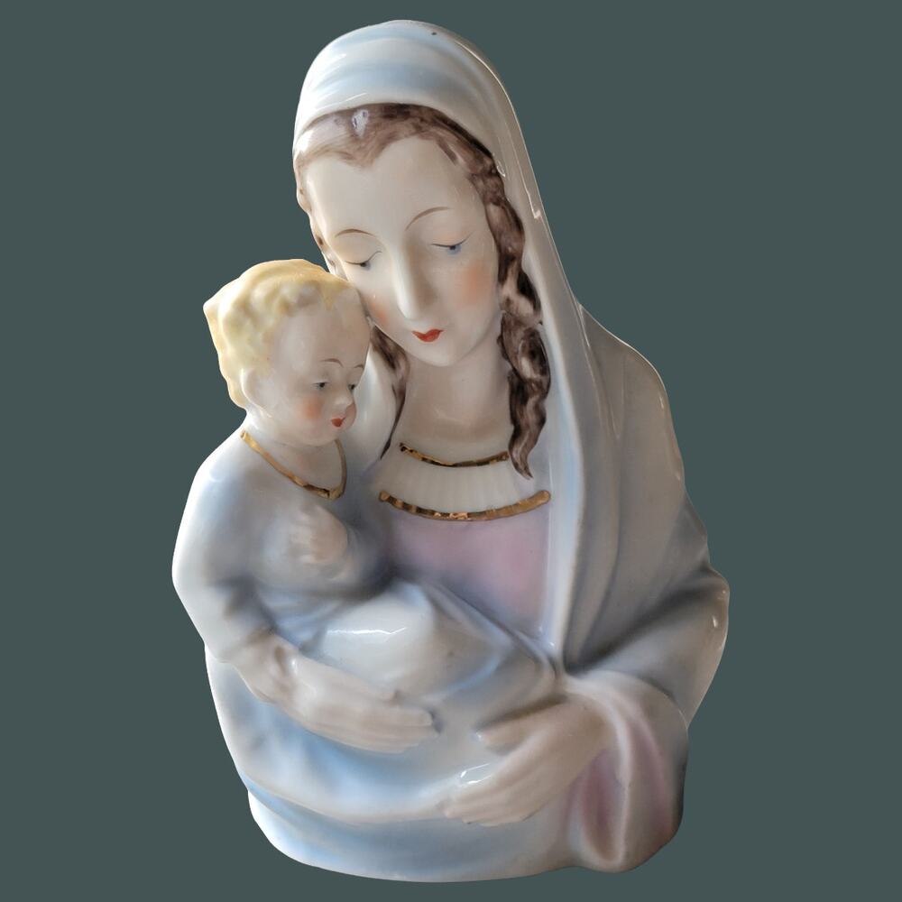 Vintage 1960s Madonna and Child Ceramic Planter with Gold Trim